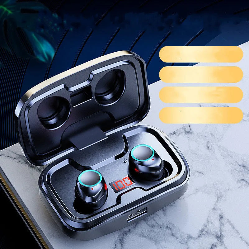 Black wireless in-ear earphones with Bluetooth 5.0 shown alongside red and blue colour options.