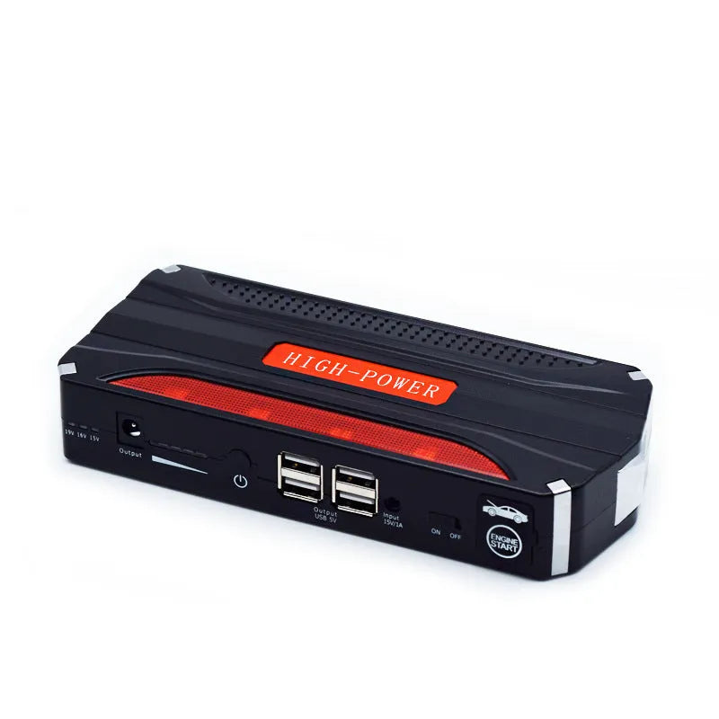 Black and red portable 12V vehicle jump starter power pack with carrying case.