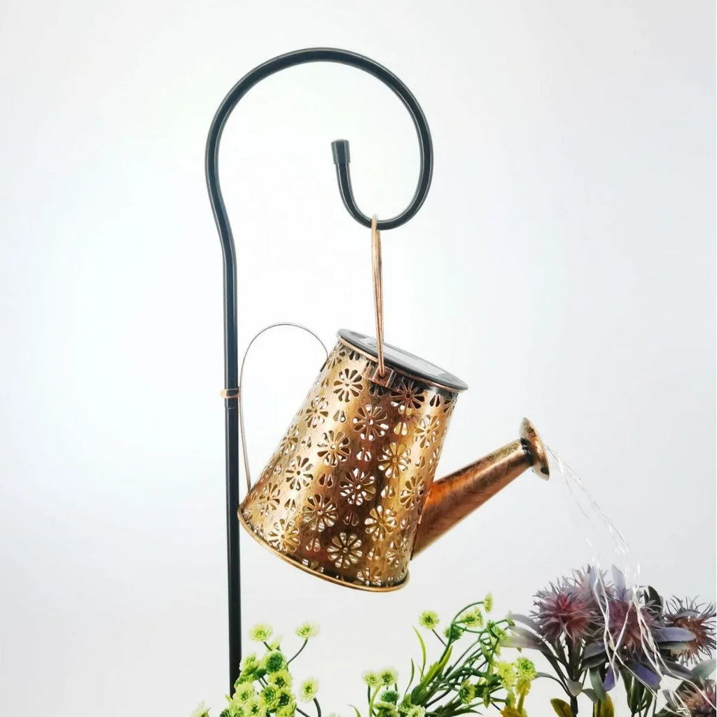 Solar-powered butterfly kettle light with wrought iron construction for outdoor courtyard decoration