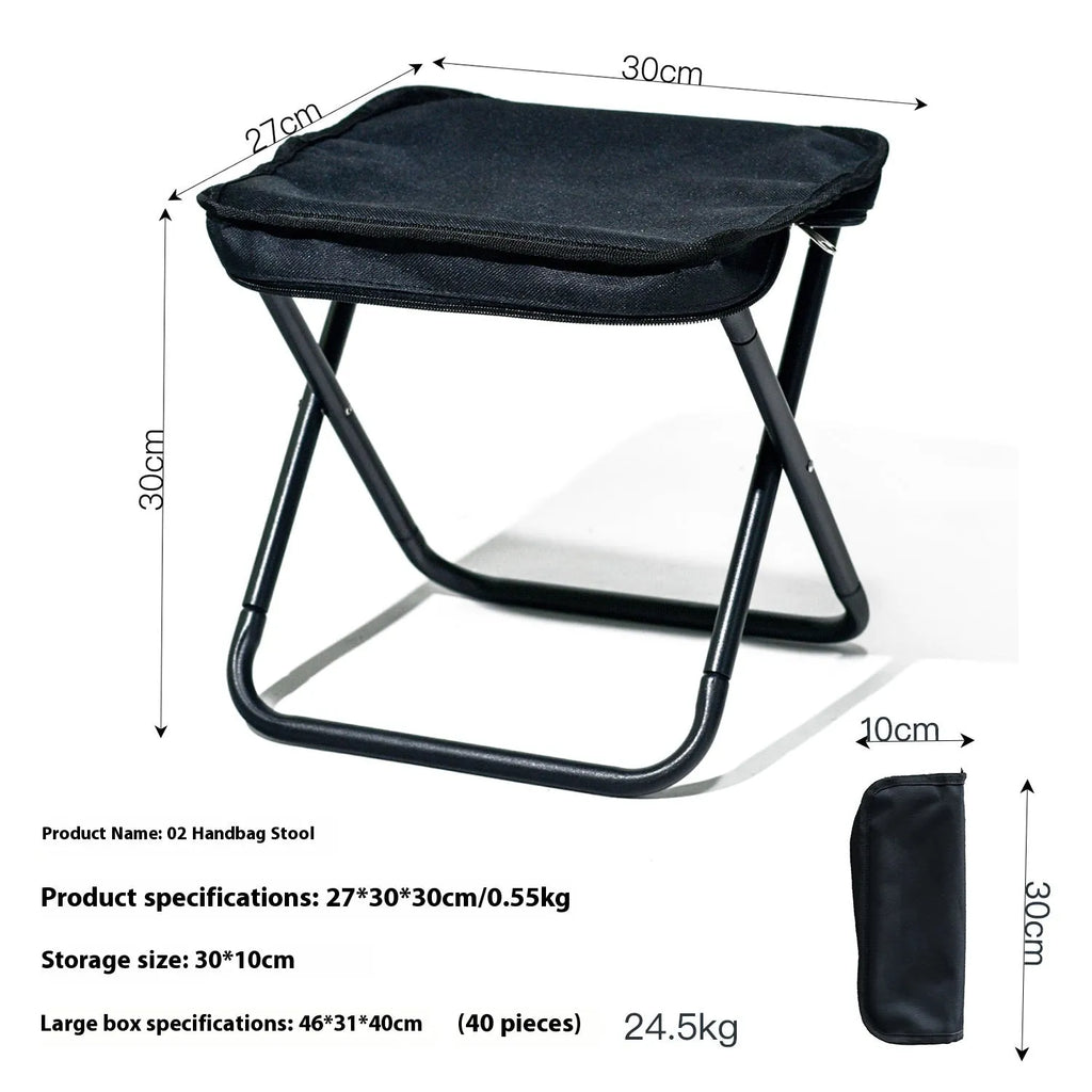 A lightweight foldable camp chair stool in oxford cloth, shown in a khaki colour, folded compactly.