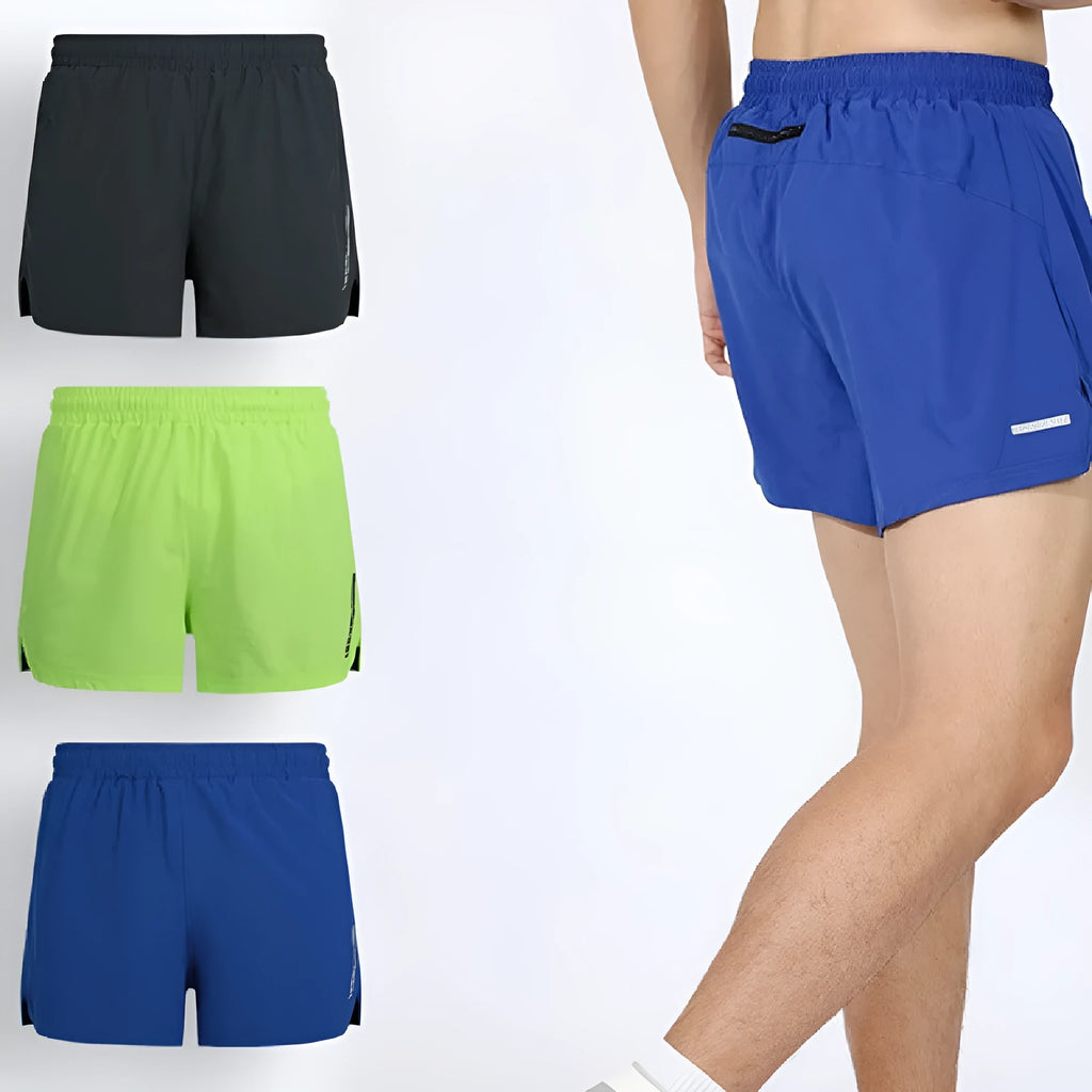 Men's gray straight-leg quick-dry running shorts laid flat, showing moisture-wicking polyester fabric.
