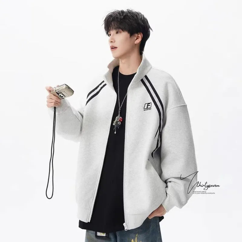 Women's loose fit stand collar colour block stripe jacket in light gray or black, cotton blend, long sleeve, 50cm length