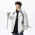 Women's loose fit stand collar colour block stripe jacket in light gray or black, cotton blend, long sleeve, 50cm length