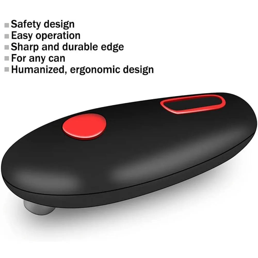 Black electric can opener with one-touch operation for battery-powered kitchen use