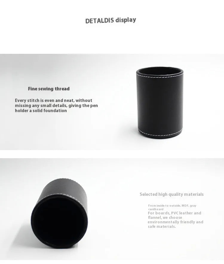 Small round black leather pen container for desk organisation.