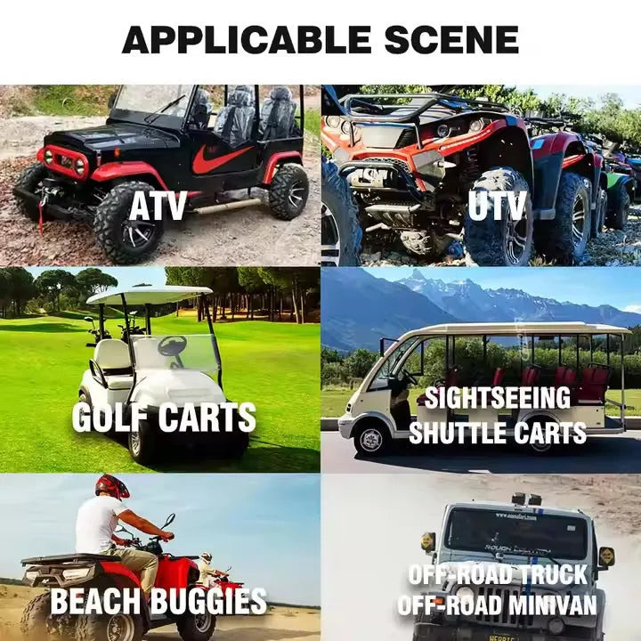 Portable Bluetooth audio system for golf carts and ATVs with speakers and connection ports.