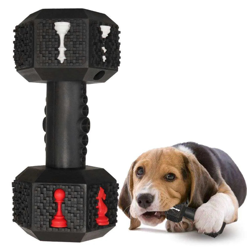 Black and blue durable rubber dumbbell dog chew toy with textured surface for aggressive chewers.