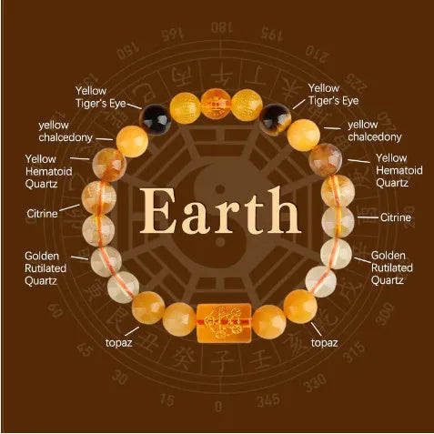 Handmade Five Elements crystal bracelet with gold wood water fire earth charms