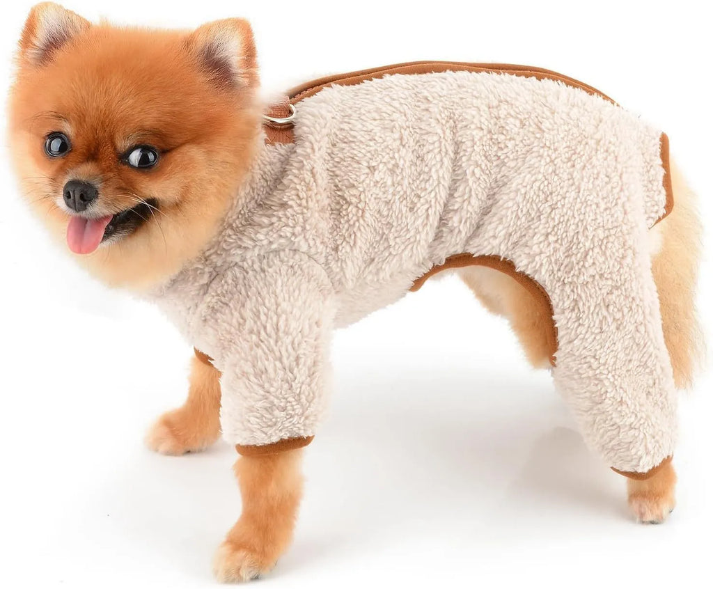 Small dog wearing green fleece coat with back zipper, four-leg winter pajamas for Chihuahua size