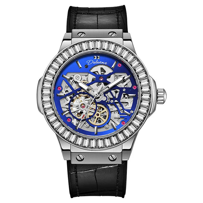 Men's automatic mechanical watch with hollow movement, diamond studs on white shell case, and a black dial.