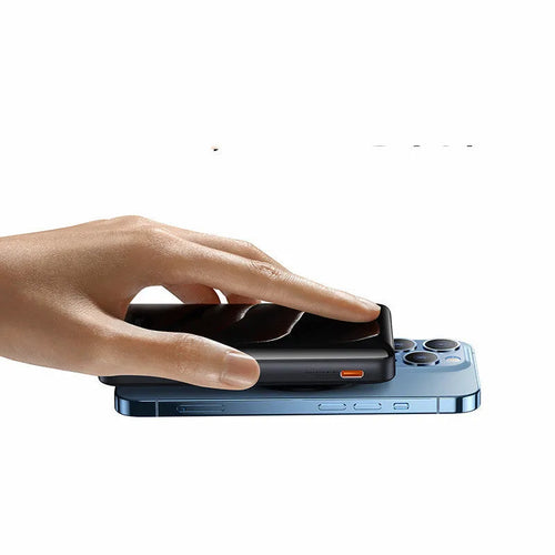 Slim blue magnetic wireless power bank with USB charging cable