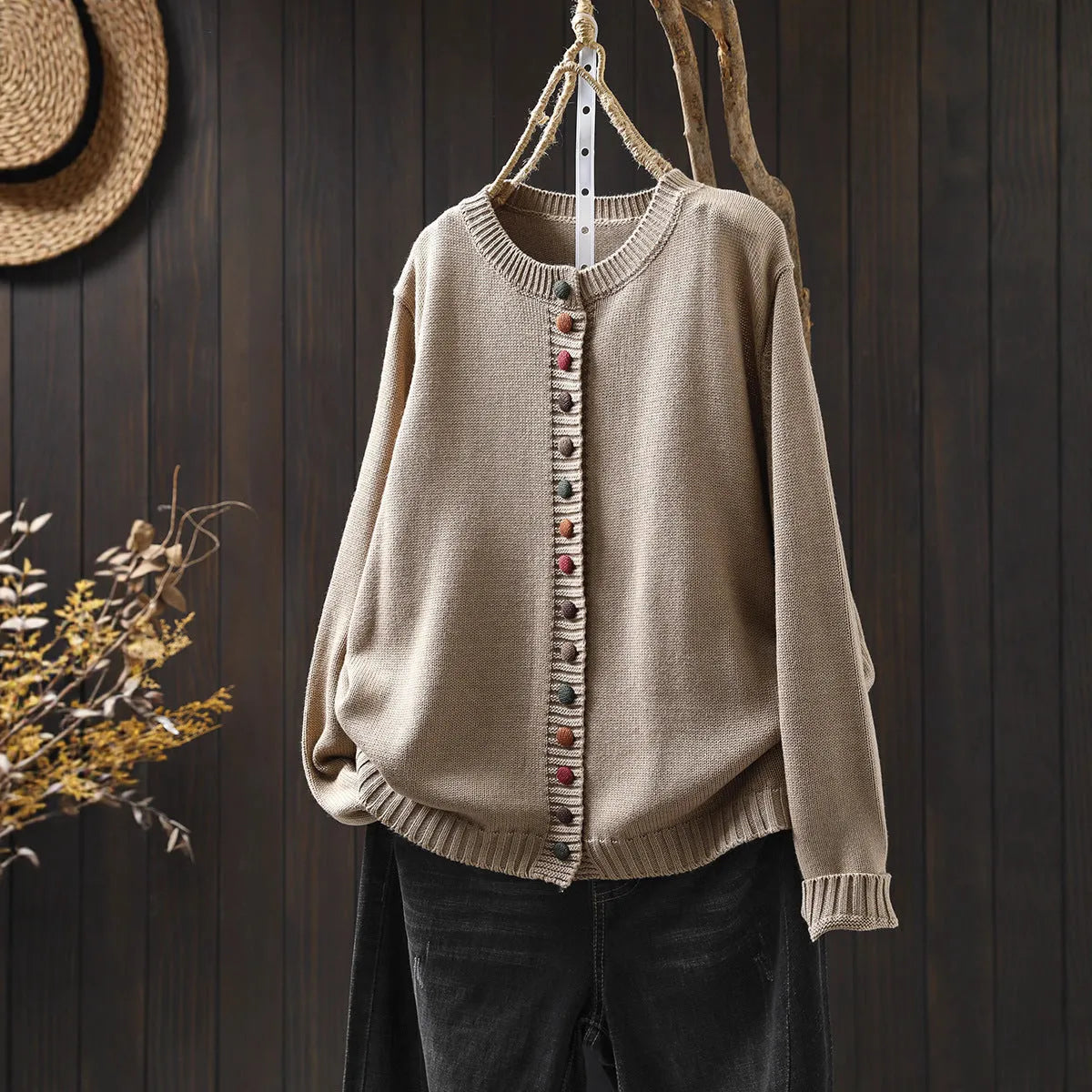 Women's loose-fitting long sleeve button cotton spandex cardigan in art retro style various colours