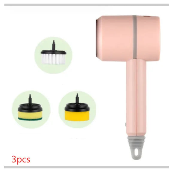 Green electric cleaning brush with three interchangeable scouring pad, brush, and sponge heads on a white background.