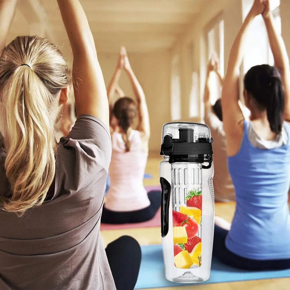 32oz Tritan plastic fruit infuser water bottle with removable infuser cup, shown in one of seven style options.
