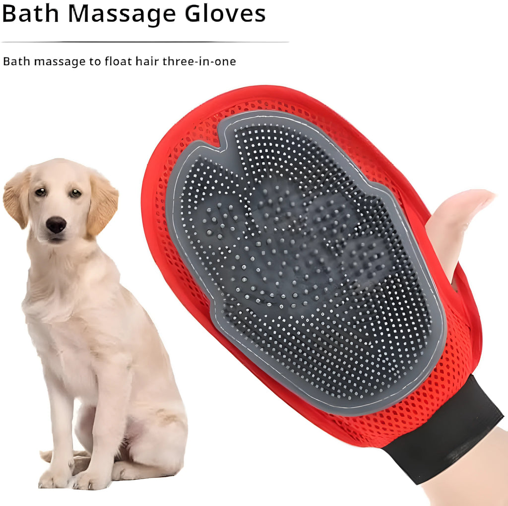 Red pet bathing and grooming glove with integrated brush, shown on a hand.