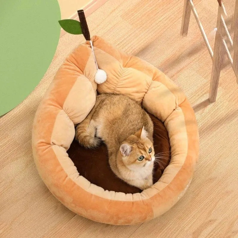 Soft coffee-coloured cotton pet bed with fluffy fleece interior and a raised bolster edge for a cat or small dog.