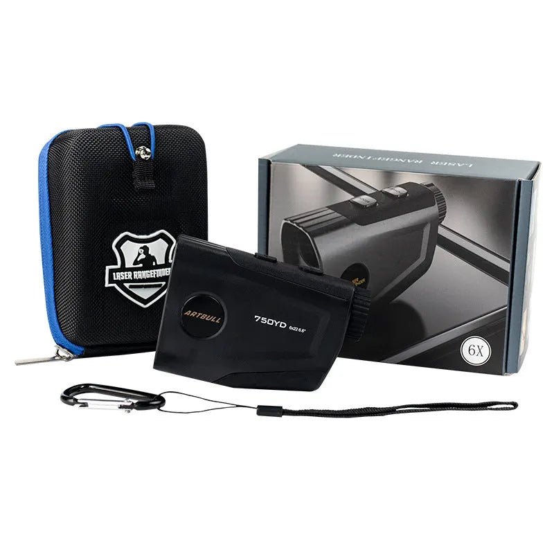 Golf laser rangefinder with 750 yard range showing LCD display with distance measurement