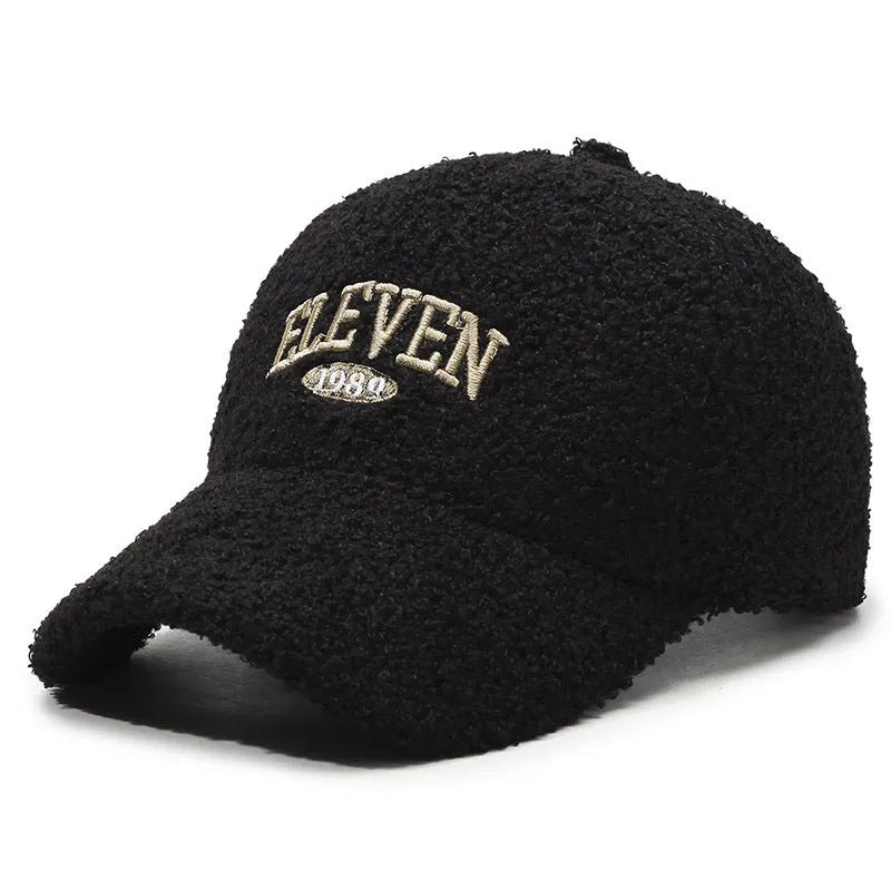 Winter lambskin baseball cap with dome crown and machine embroidery in assorted colours
