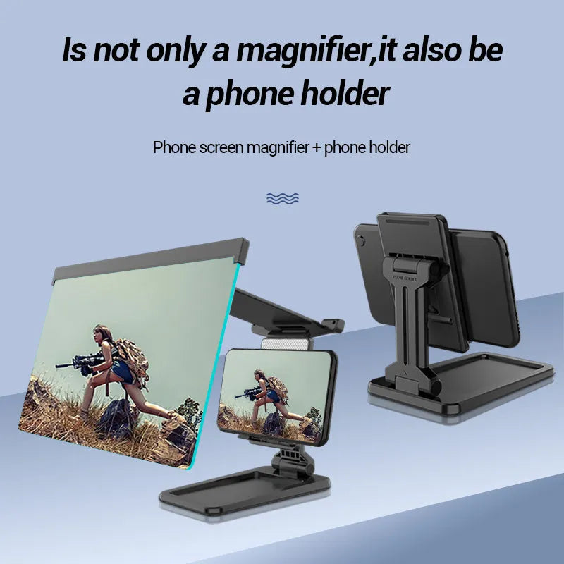 Black foldable mobile phone screen magnifier with detachable shading holder on a desktop.