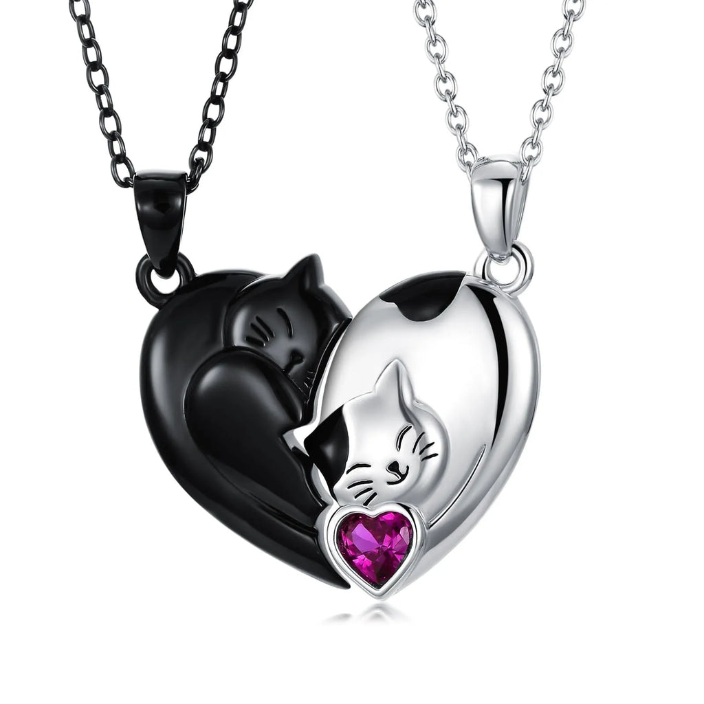 Black and white cat pendant necklace set for couples, alloy with diamond treatment, zinc alloy chain 41-50cm