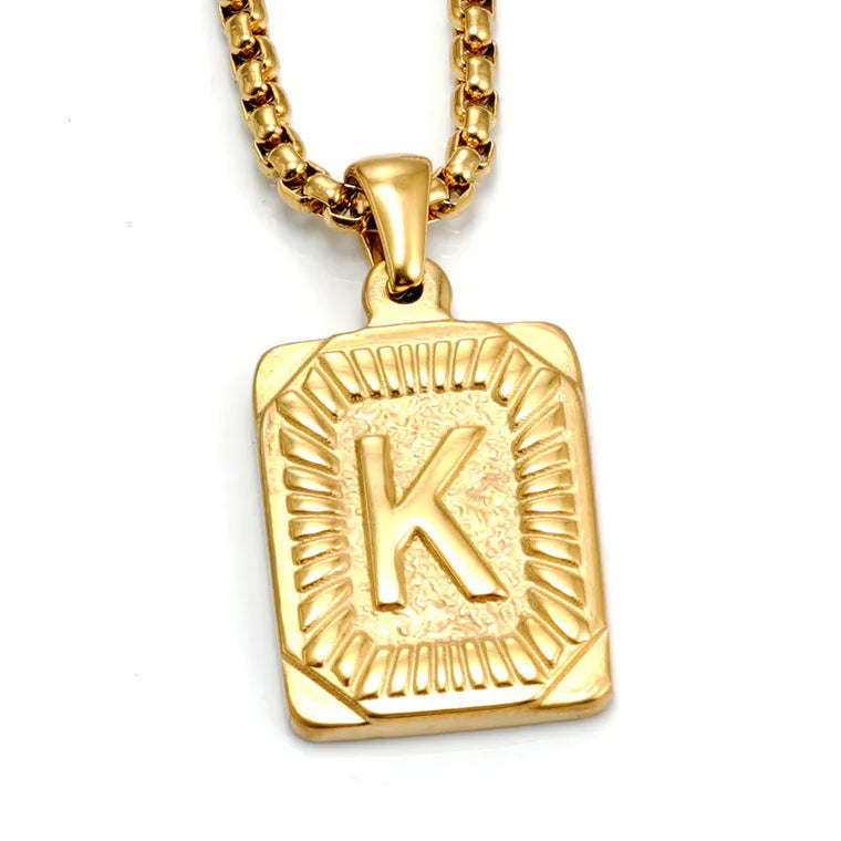 Gold-plated 18K titanium steel letter pendant necklace on a pearl chain, unisex design, gold colour