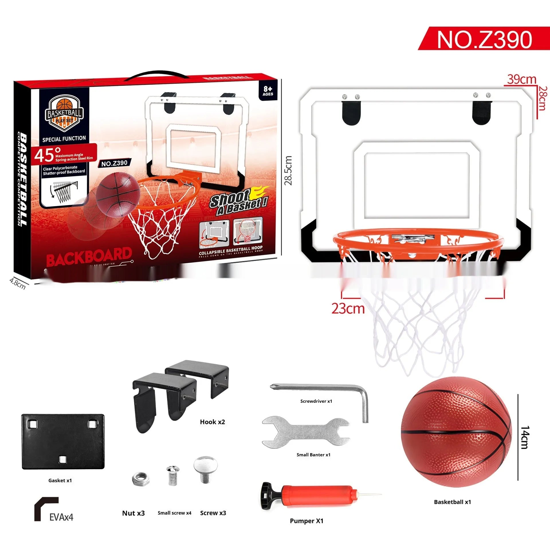 Red and blue foldable basketball frame toy with suction cups and hook shown in dunk scoring and folded ball rack positions.