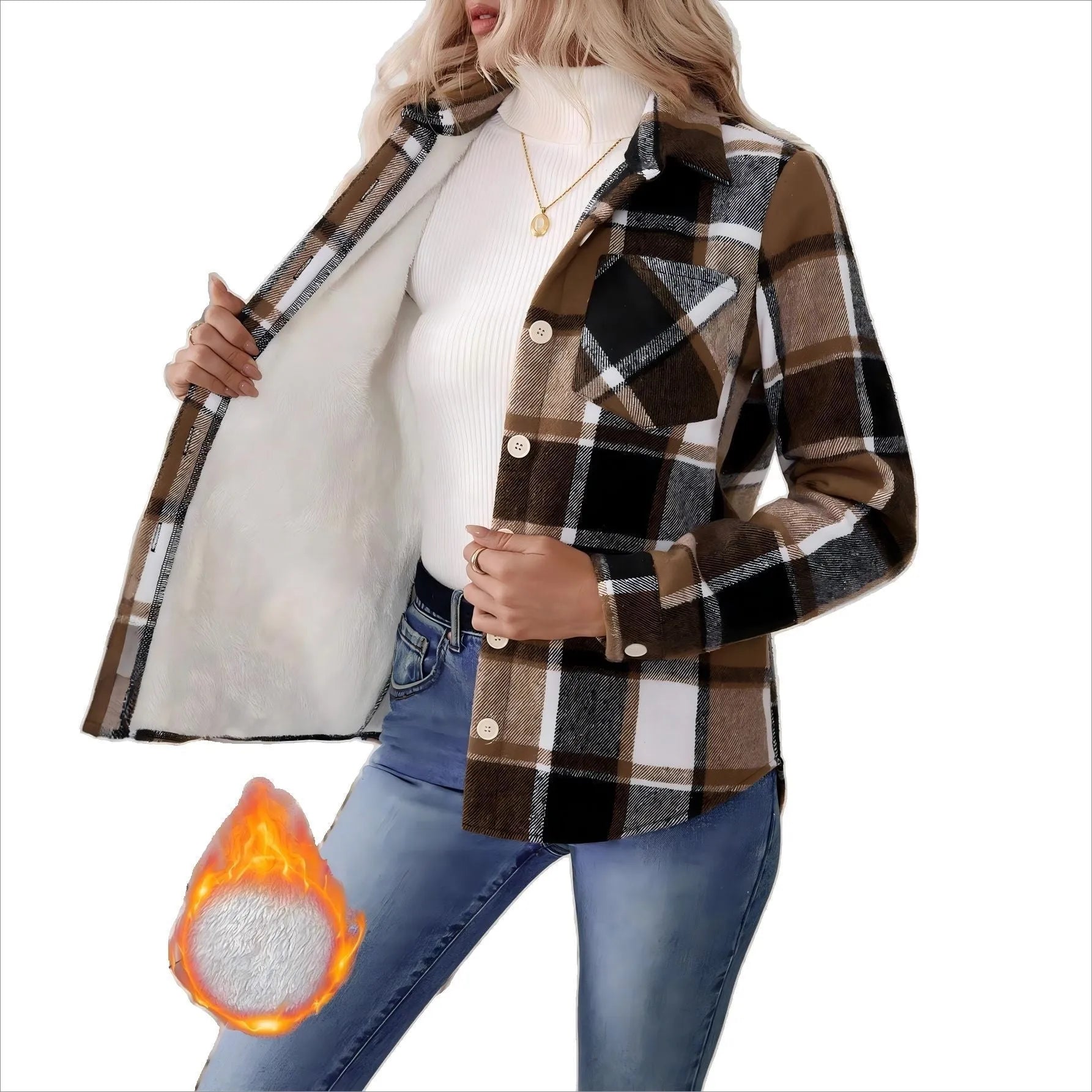 Woolen woven plaid button shirt collar jacket top in brown – Asian size S to XL, polyester fabric, pocket, Japanese Korean casual style