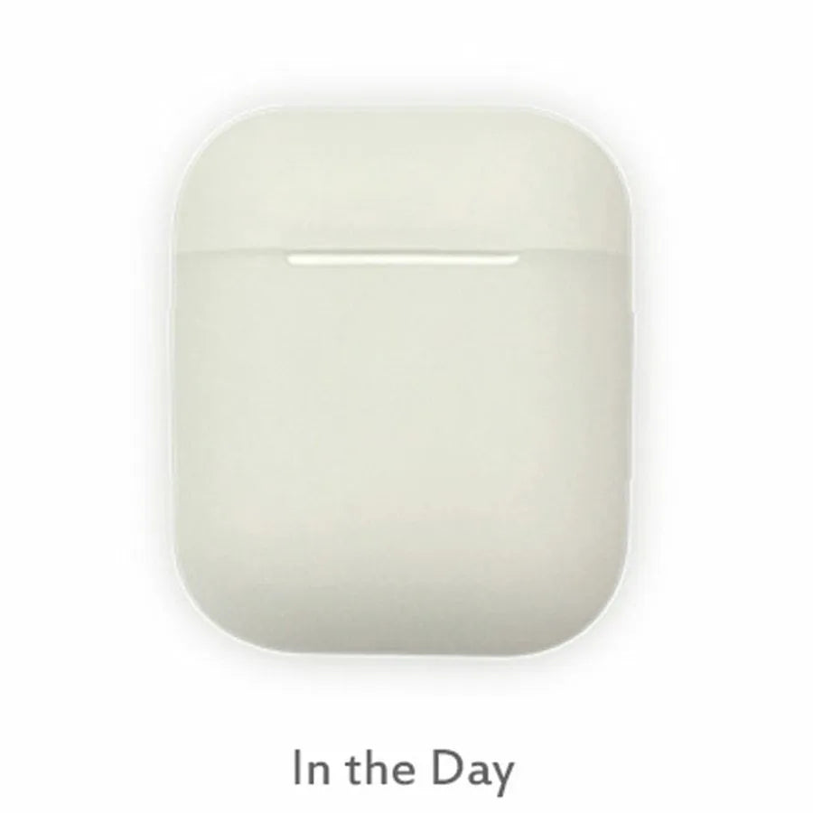 Luminous blue silicone flip-open protective case for Apple AirPods charging case on a dark background.