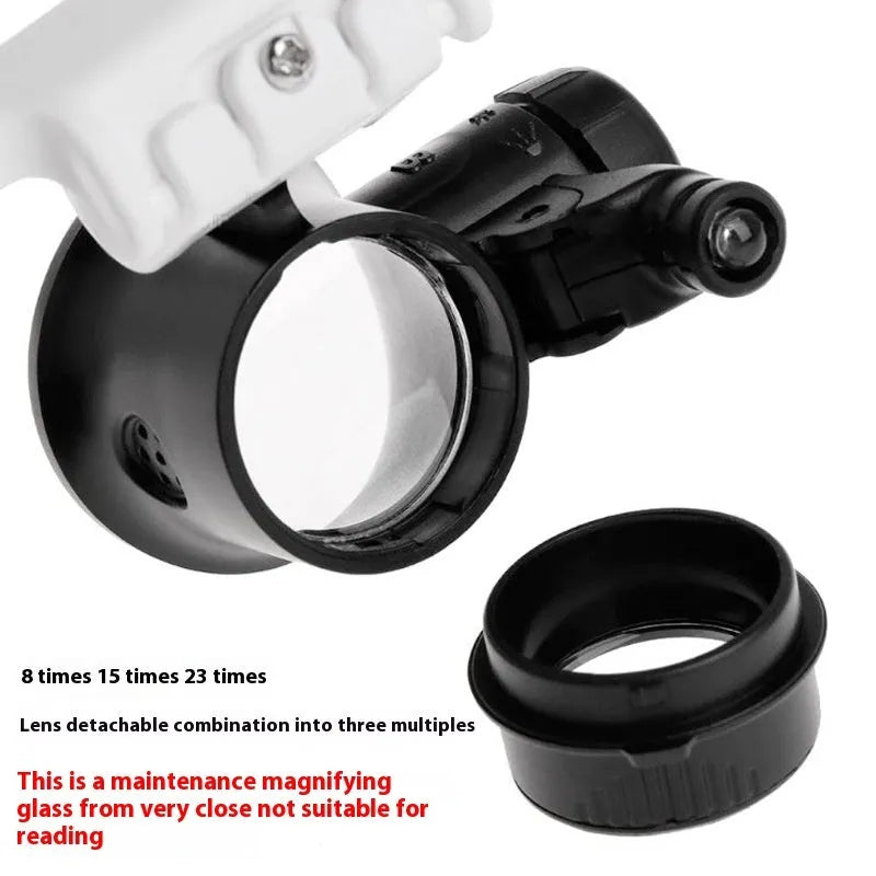 White head-mounted magnifying glass with LED light, shown folded and unfolded on a workbench.