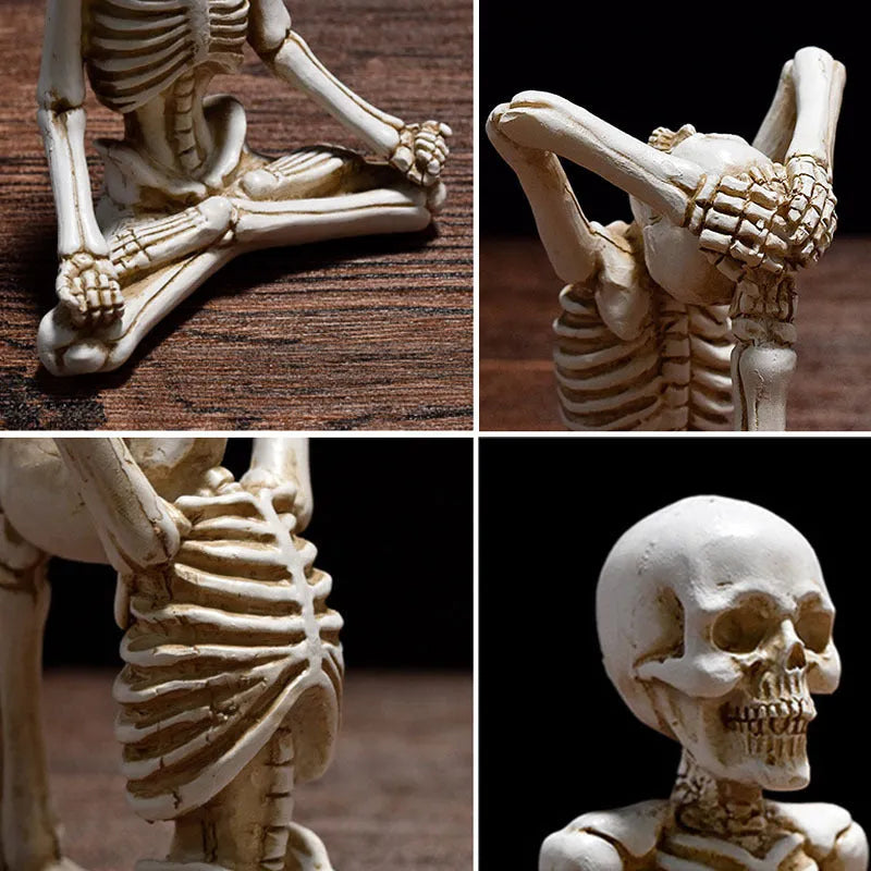 Detailed yoga skull skeleton model resin desktop ornament in black or white.