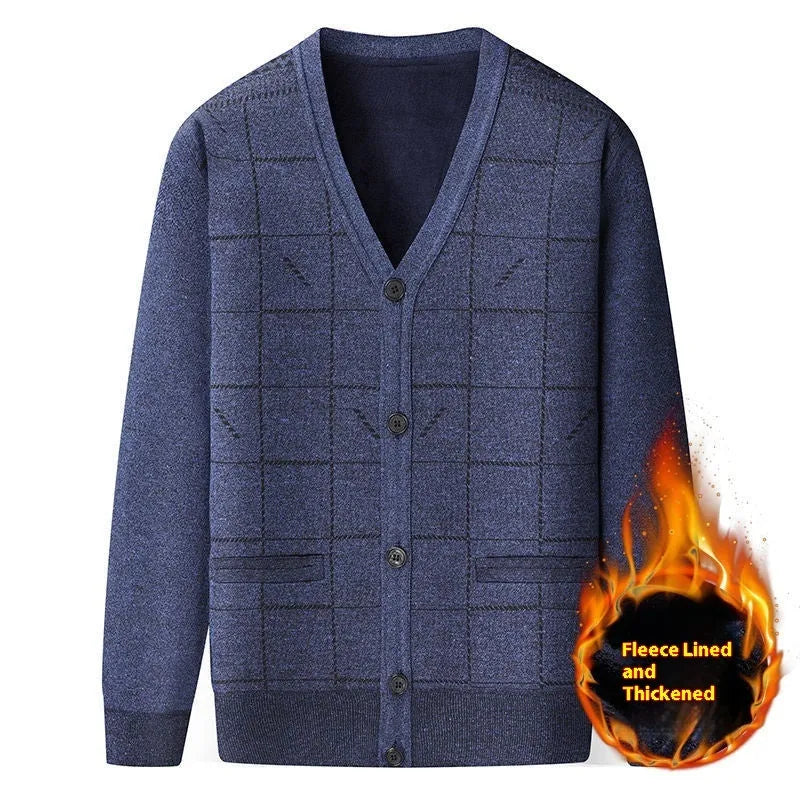 Plus-size men's grey fleece-lined cardigan with batwing sleeves on a hanger.