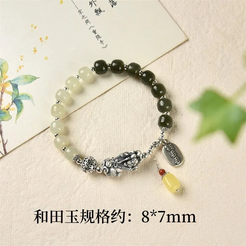 Pure silver retro coin bracelet with genuine 8x7mm Hetian jade stones in natural colour