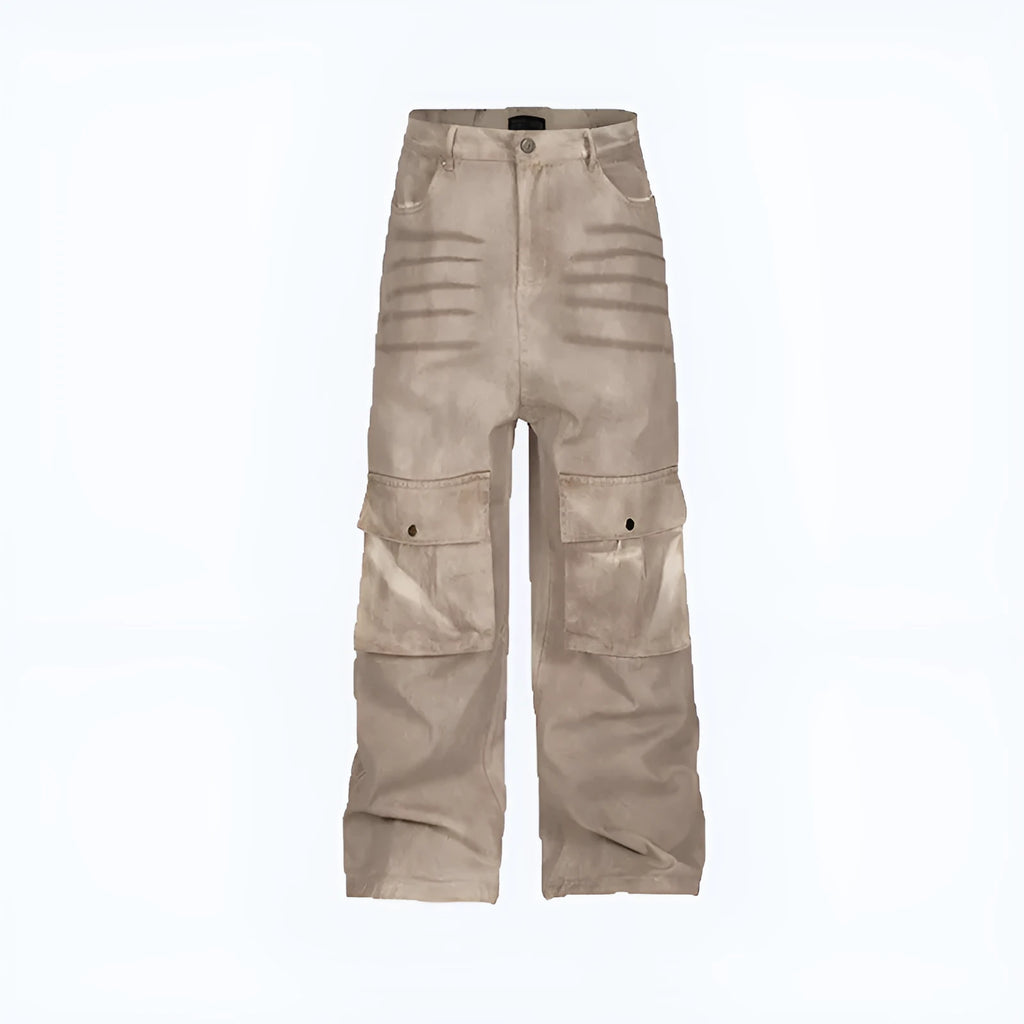 Women's marble dark A-line denim trousers with straight leg and mid-waist design