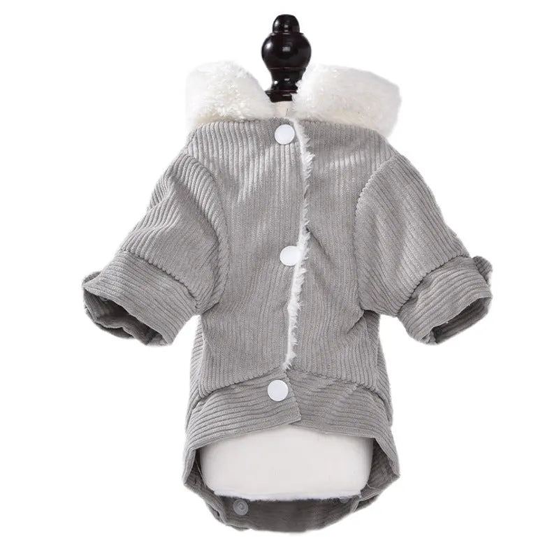 Lambswool grey fleece-lined padded vest for a dog, showing the wool lining and size label.