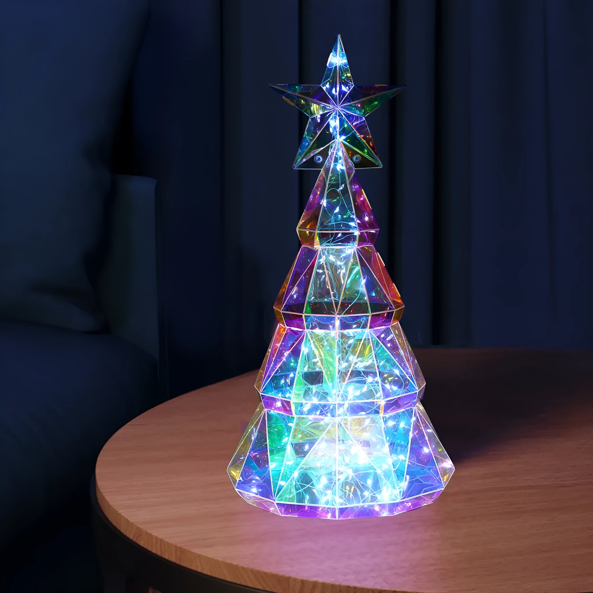 Colourful cartoon-style Christmas tree light decoration measuring 20cm high on a table.