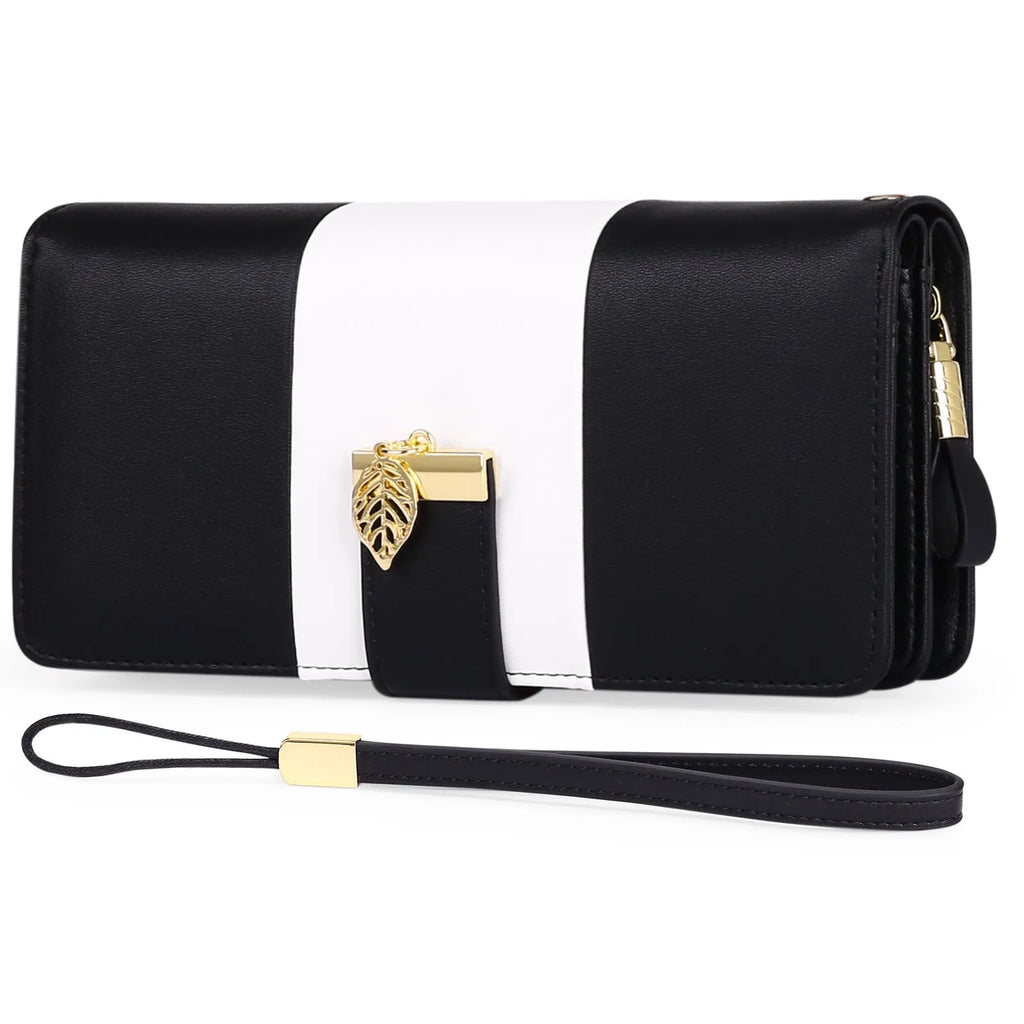 Midnight black PU leather clutch with a lock, shown folded and unfolded to show 30% size reduction.