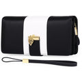Midnight black PU leather clutch with a lock, shown folded and unfolded to show 30% size reduction.