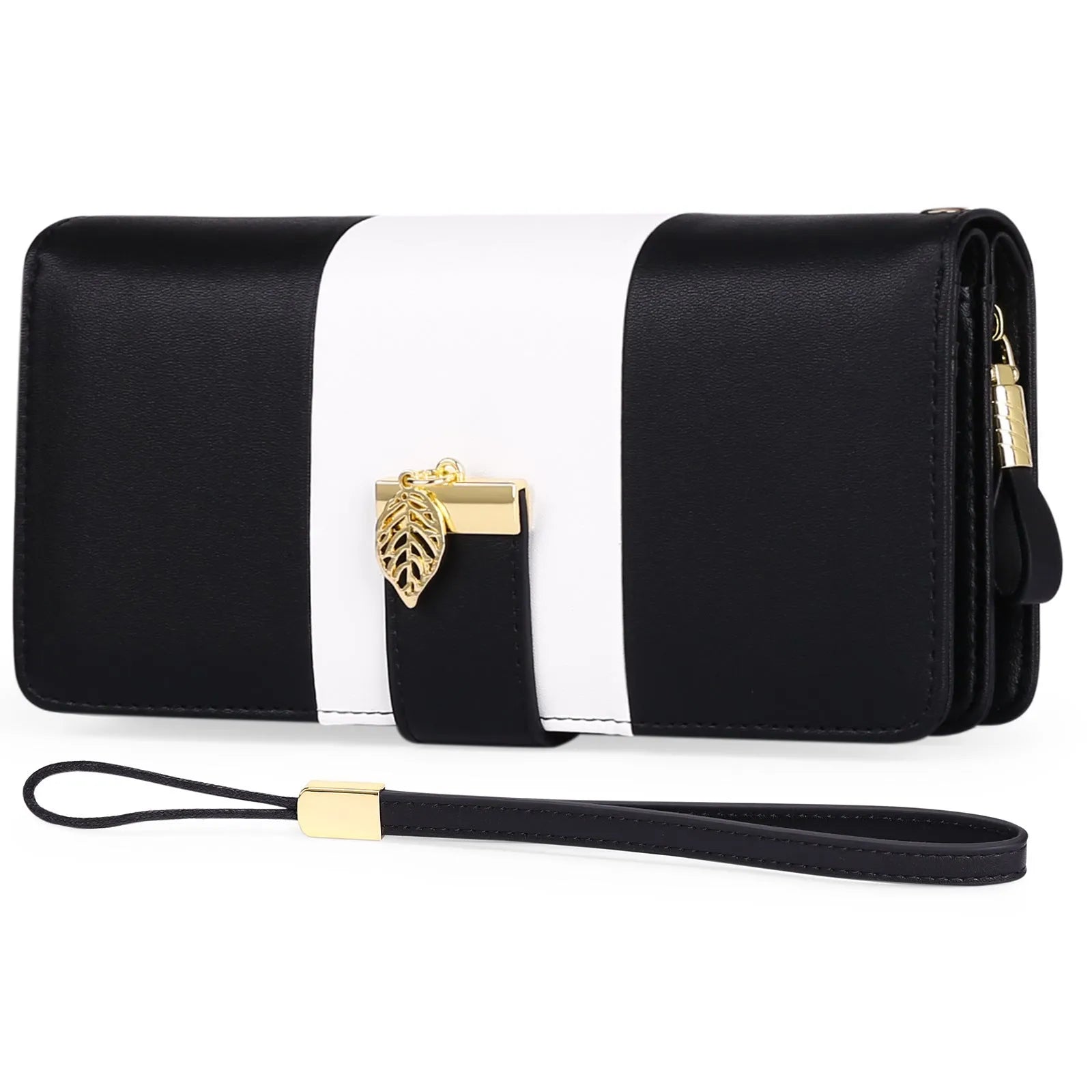 Midnight black PU leather clutch with a lock, shown folded and unfolded to show 30% size reduction.