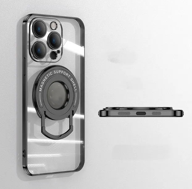 Transparent magnetic iPhone case with invisible pull-out stand in dark purple colour