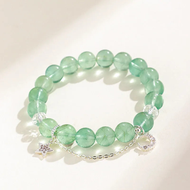 Green fluorite star and moon princess bracelet with white crystals and electroplated finish