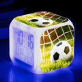 Square plastic alarm clock with football pattern design and silent alarm function for children's bedrooms