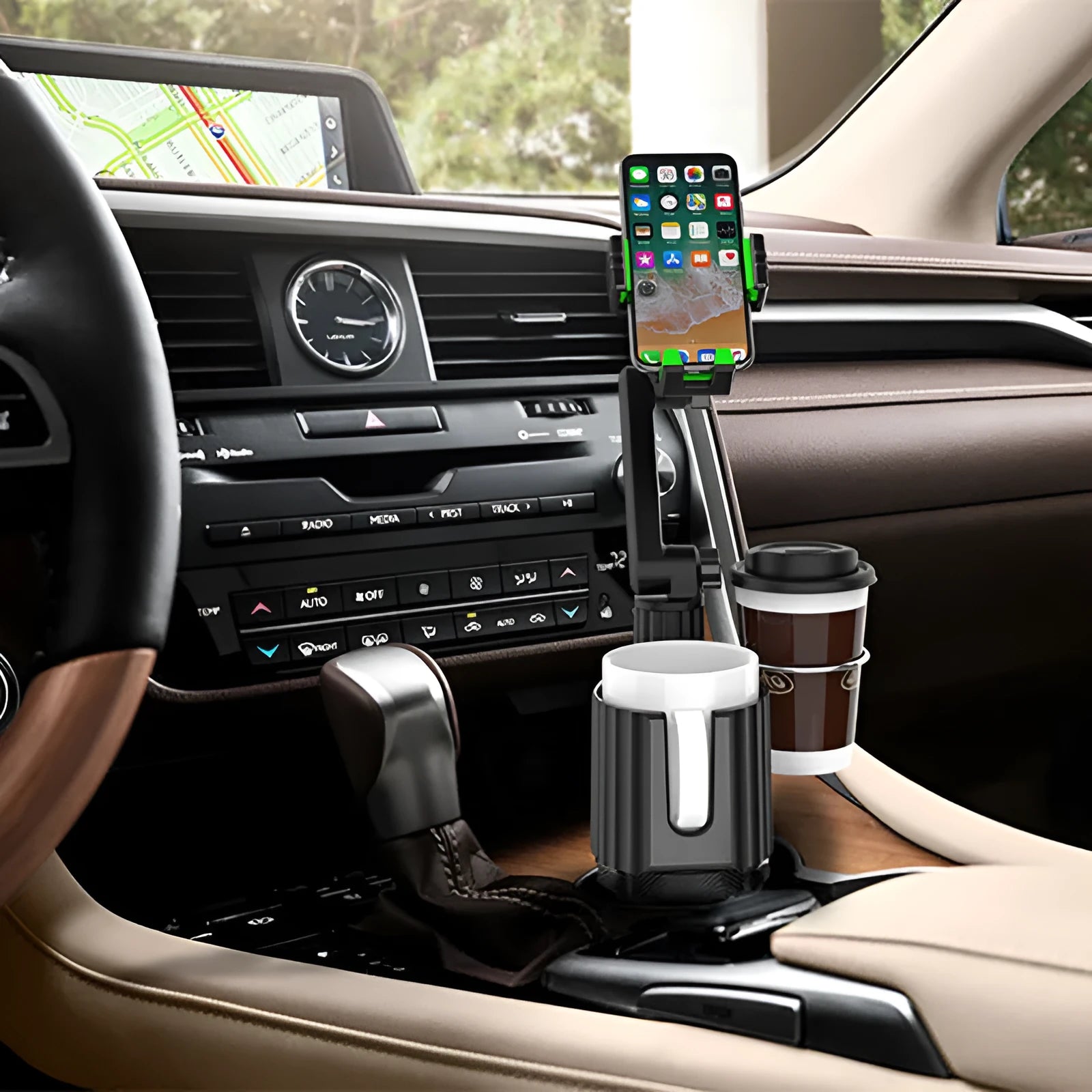 Green car cup holder organiser with kettle storage and phone compartment, ABS/PC construction