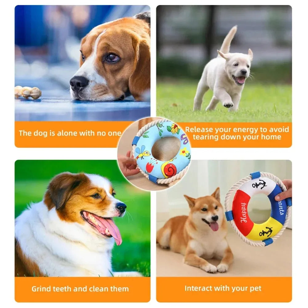 Yellow fish design dog pull ring toy with squeaker for fetch games, 25cm diameter