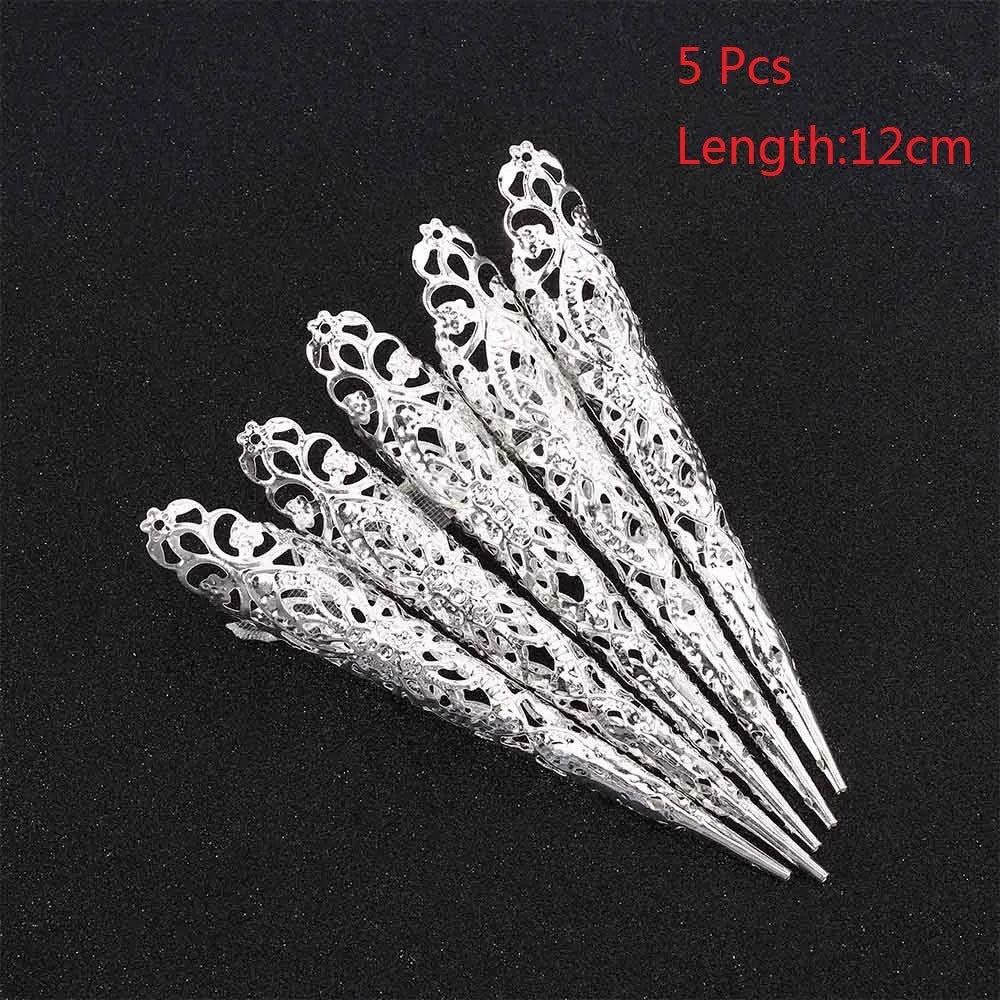 Set of 5 gold or silver electroplated alloy dance nail rings, 12cm length option, for Indian dance and costume use.