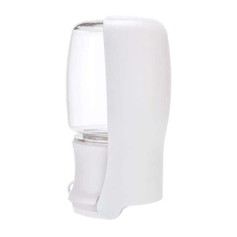 Foldable dog water bottle with dispenser in blue, pink or white colours showing collapsed and expanded states