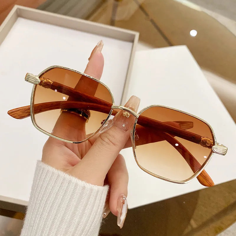 Gold frame frameless glasses with wood grain pattern and double blue lenses