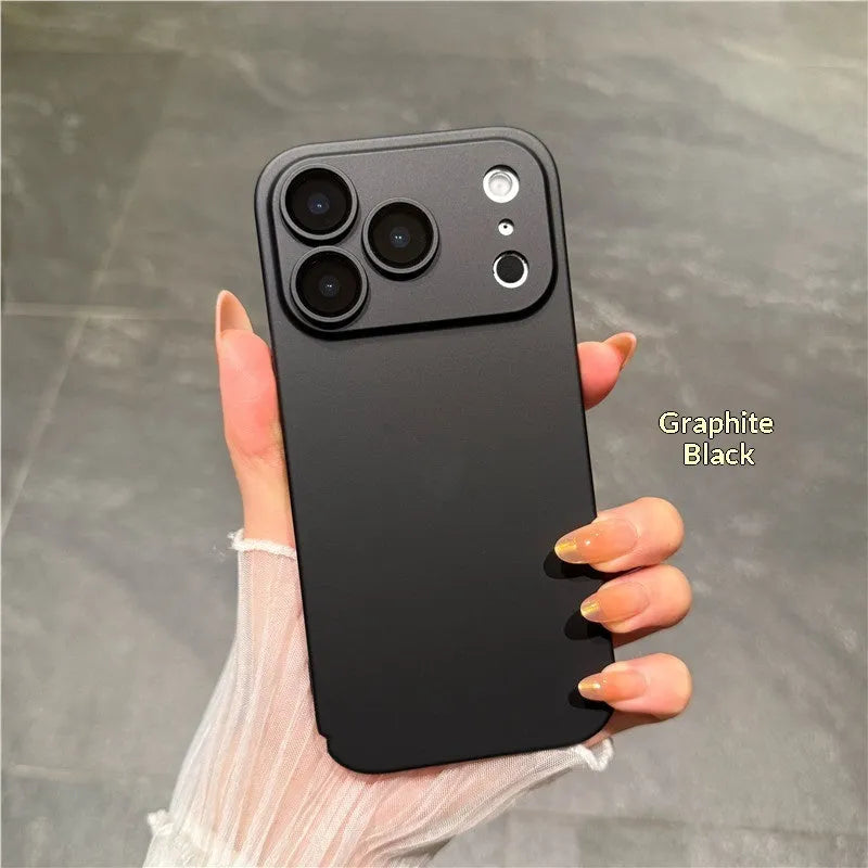 Ultra-thin PC phone case with built-in camera lens protector and frosted finish for iPhone, showing full back coverage.