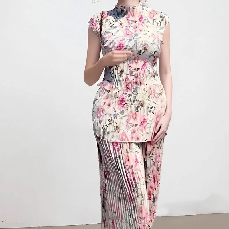 Long sleeve printed chiffon co-ord set with high waist dress and separate top.