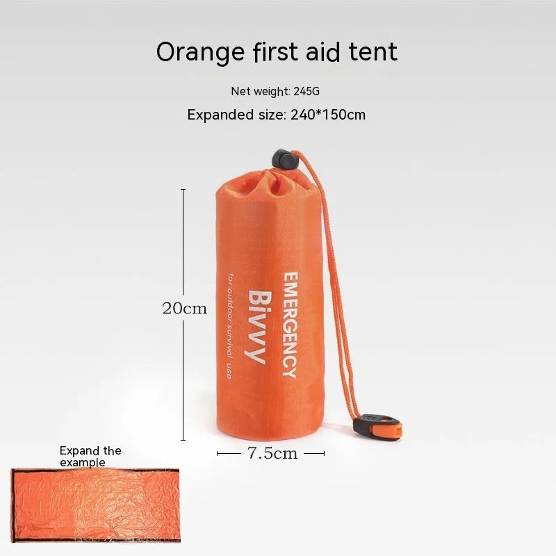 Orange portable disaster relief tent kit with sleeping bag and raincoat laid out