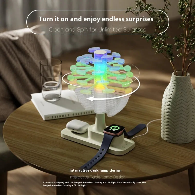 Spiral tree geometric LED table lamp with white lighting on wooden surface